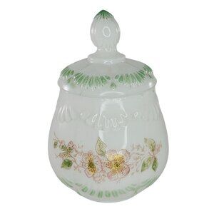 Victorian Milk Glass Sugar Bowl Lidded Jar Floral Design Green Dithridge AS IS